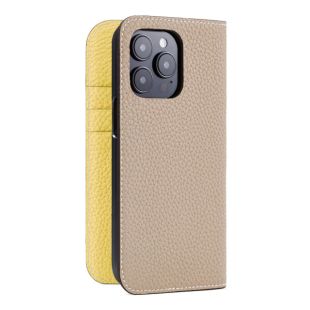 【iPhone14 Pro ケース】ダイアリーケース シュリンクレザー (グレージュ × イエロー)-4589903592165