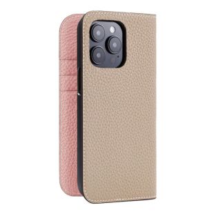 【iPhone14 Pro ケース】ダイアリーケース シュリンクレザー (グレージュ × コーラル)-4589903592134