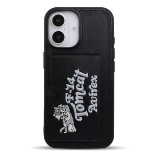 ◆【iPhone16 ケース】AVIREX ポケット付き背面ケース (刺繍/ブラック)-4573317643094